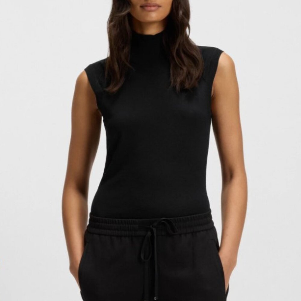 BOSS Fipini 50544998 Superfine Merino Wool Sleeveless Mock Neck Sweater Black S